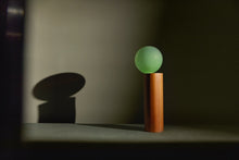 Load image into Gallery viewer, Handcrafted Balanced Lamp, featuring a unique design with a hand-blown glass shade and a wooden base made from reclaimed native timber