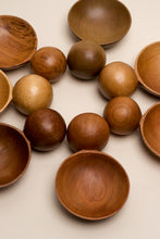 Load image into Gallery viewer, An image of all  versions of the Moon Spoon, a hand carved spoon made from native timbers, the spoon bowl is deep and the handle is a hand carved sphere. All spoons in each timber are sitting on a white background set out in a circle with all the spheres touching and the bowls sticking outwards.