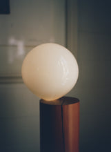 Load image into Gallery viewer, Handcrafted Balanced Lamp, featuring a unique design with a hand-blown glass shade and a wooden base made from reclaimed native timber