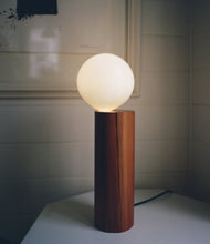Load image into Gallery viewer, Handcrafted Balanced Lamp, featuring a unique design with a hand-blown glass shade and a wooden base made from reclaimed native timber