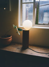 Load image into Gallery viewer, Handcrafted Balanced Lamp, featuring a unique design with a hand-blown glass shade and a wooden base made from reclaimed native timber