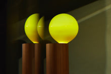 Load image into Gallery viewer, Handcrafted Balanced Lamp, featuring a unique design with a hand-blown glass shade and a wooden base made from reclaimed native timber