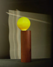 Load image into Gallery viewer, Handcrafted Balanced Lamp, featuring a unique design with a hand-blown glass shade and a wooden base made from reclaimed native timber