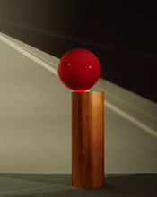 Load image into Gallery viewer, Handcrafted Balanced Lamp, featuring a unique design with a hand-blown glass shade and a wooden base made from reclaimed native timber