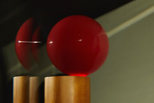 Load image into Gallery viewer, Handcrafted Balanced Lamp, featuring a unique design with a hand-blown glass shade and a wooden base made from reclaimed native timber