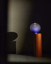 Load image into Gallery viewer, Handcrafted Balanced Lamp, featuring a unique design with a hand-blown glass shade and a wooden base made from reclaimed native timber