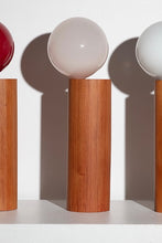 Load image into Gallery viewer, Handcrafted Balanced Lamp, featuring a unique design with a hand-blown glass shade and a wooden base made from reclaimed native timber