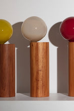 Load image into Gallery viewer, Handcrafted Balanced Lamp, featuring a unique design with a hand-blown glass shade and a wooden base made from reclaimed native timber