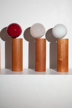 Load image into Gallery viewer, Handcrafted Balanced Lamp, featuring a unique design with a hand-blown glass shade and a wooden base made from reclaimed native timber